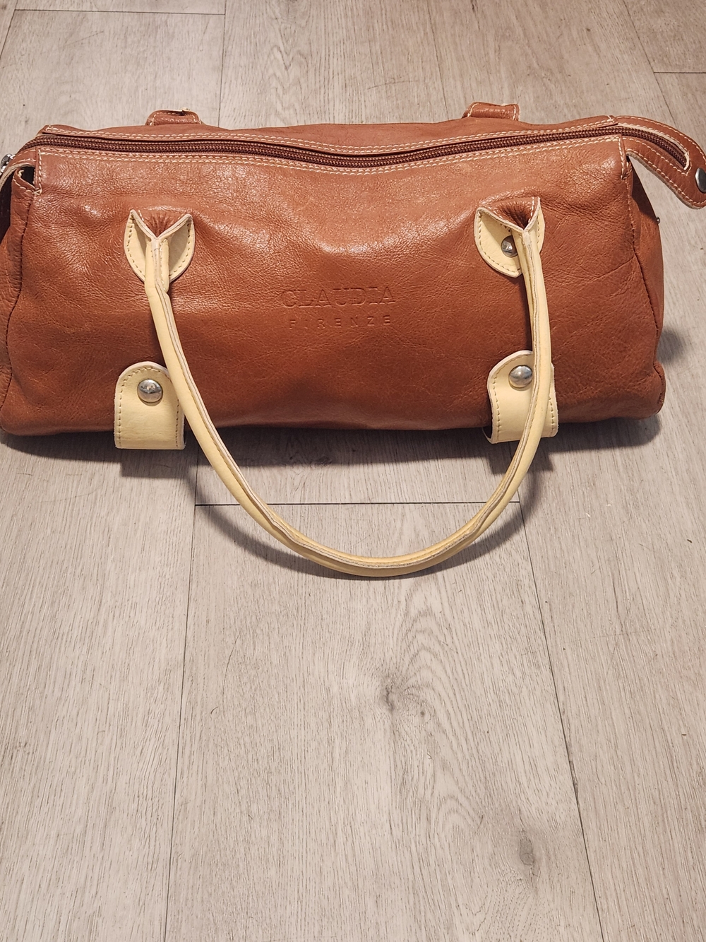 Tan Leather Satchel with Cream Handles
